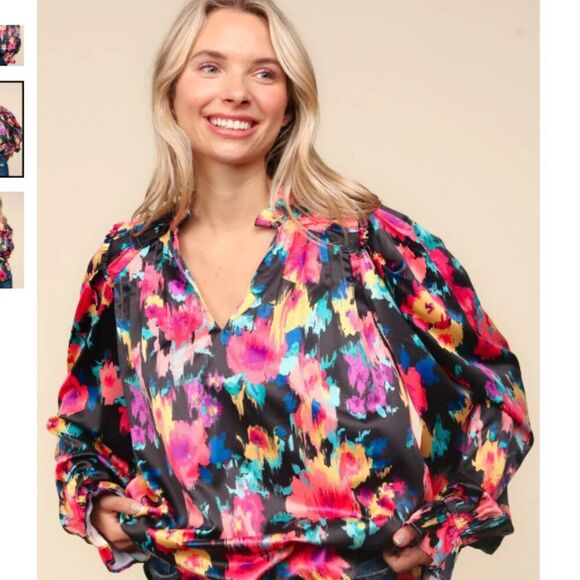 Women's Casual Boho Abstract Floral Long Bubble Sleeve Blouse Size Small NWT - Picture 8 of 8